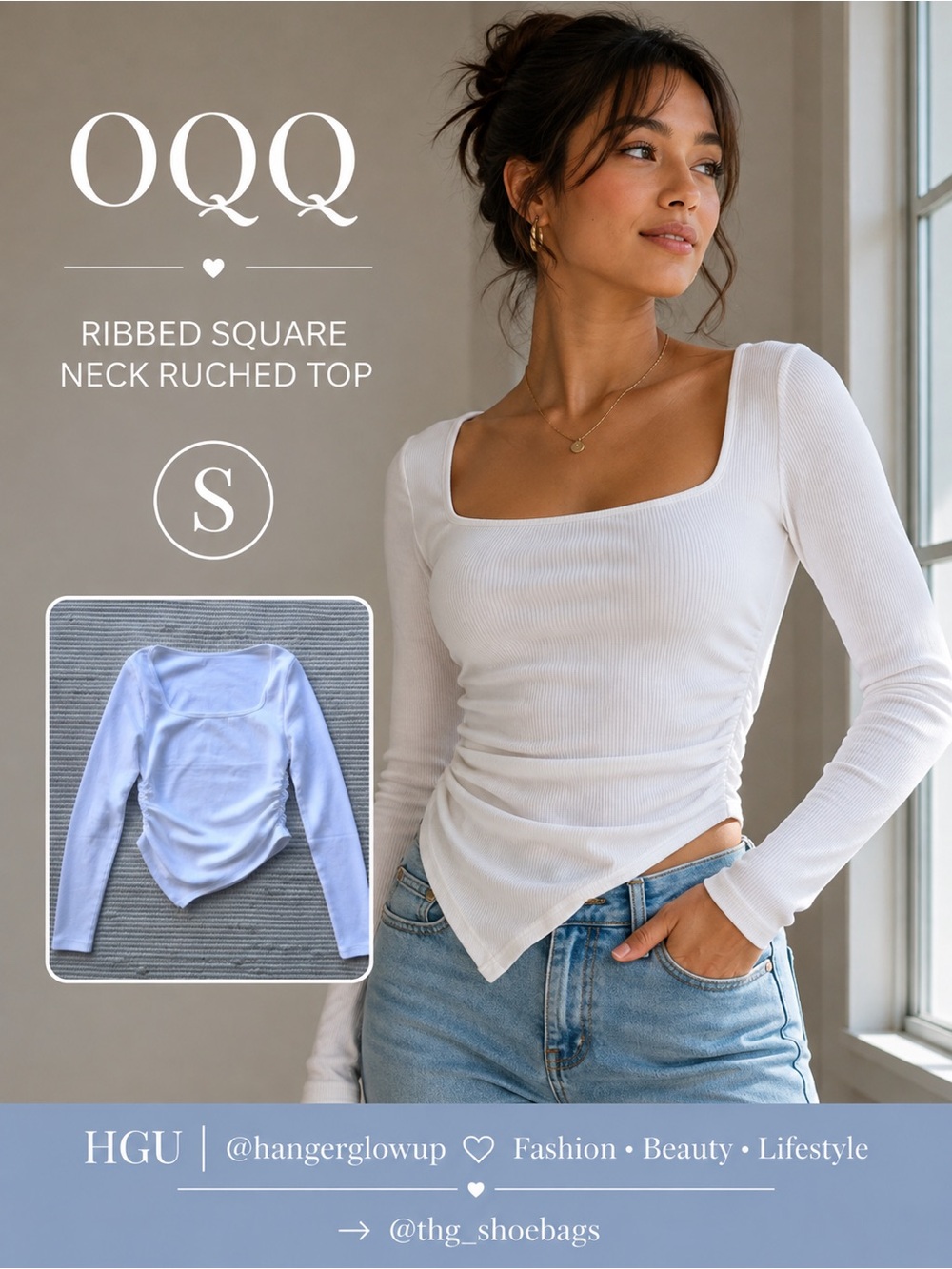 OQQ White Ribbed Asym Square Neck Top Scrunch Side Fitted Size S